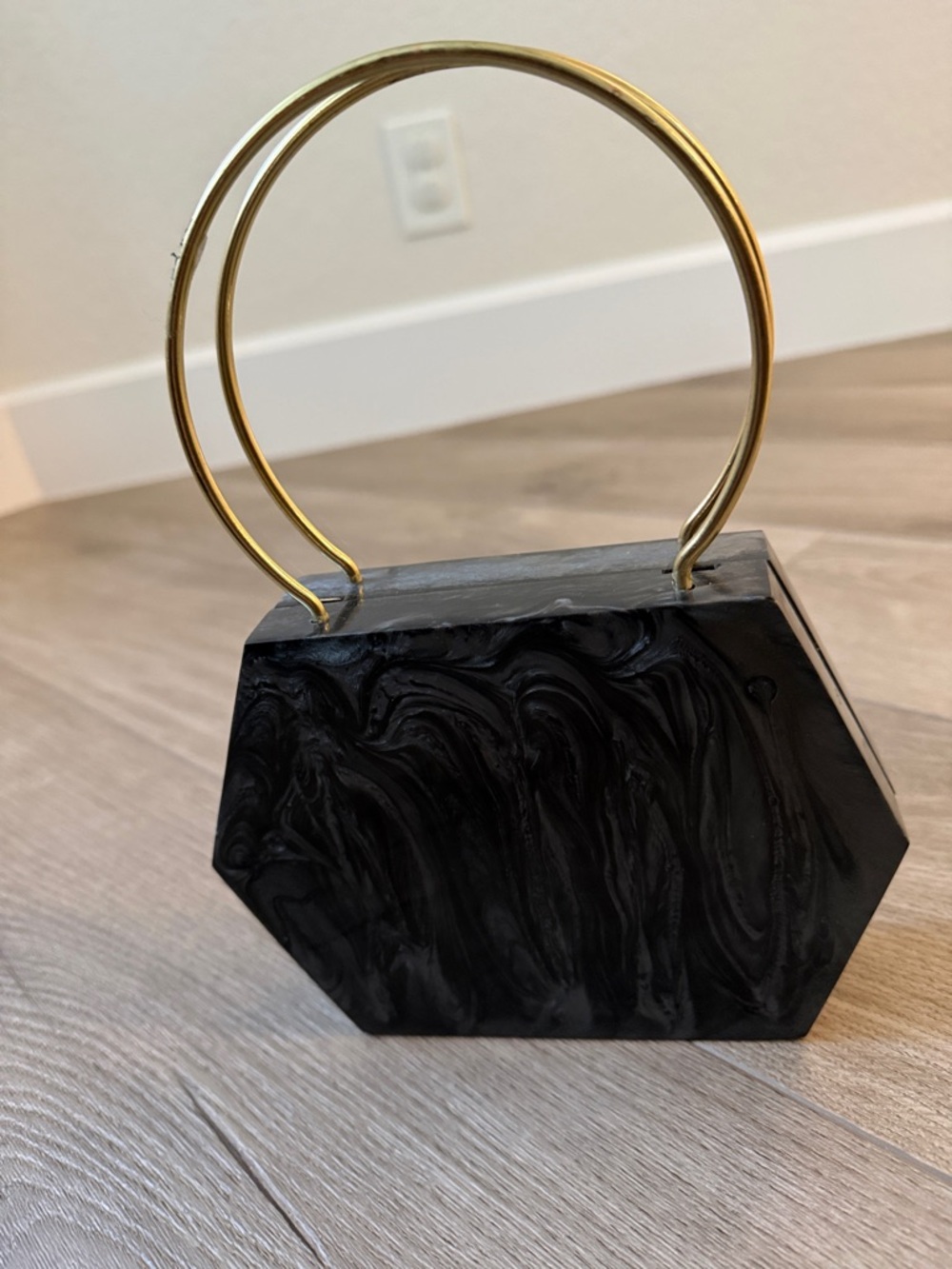 NWOT Ramla Hexagonal Black Resin Handbag with Gold Hoop Handles